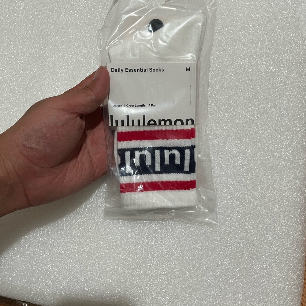 lululemon athletica White Crew Socks with Red and Navy Stripe Logo